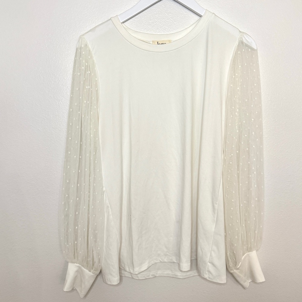 Lou & Grey White Long Sleeve Blouse Sheer Polka Dot Sleeves Size Large Elegant